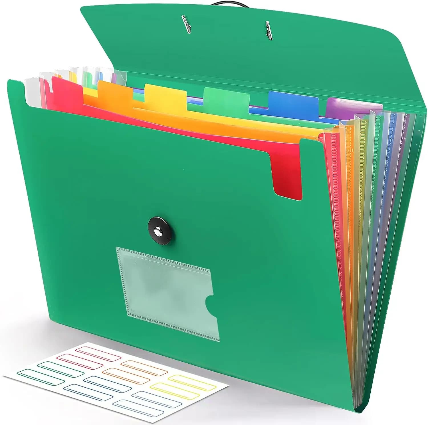 Cartella Portadocumenti Espandibile a 7 Tasche con Etichette, Organizzatore a Fisarmonica in Plastica per Documenti e Fogli A4 - Verde