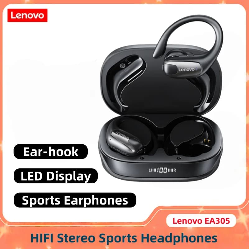 Auricolari Wireless Bluetooth Lenovo EA305 OWS con Driver da 14,2mm, Display Digitale LED, Audio Panoramico, Cuffie Open-Ear con Gancio per Orecchio