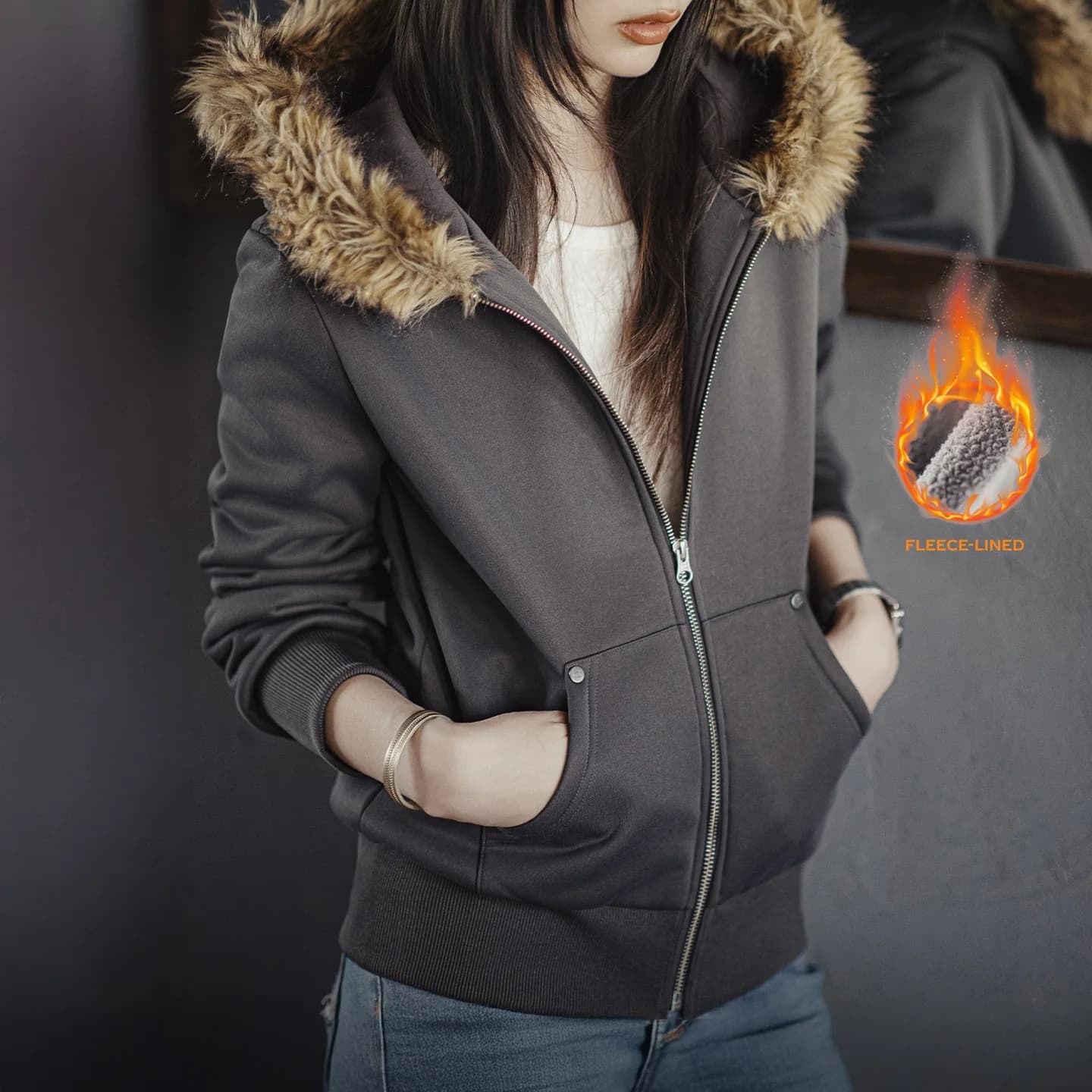 Maden Women’s Fleece Lined Zip Hoodie Coat Winter Warm Thick Casual Jacket Hooded Thermal Sweatshirt Outerwear Female TOP