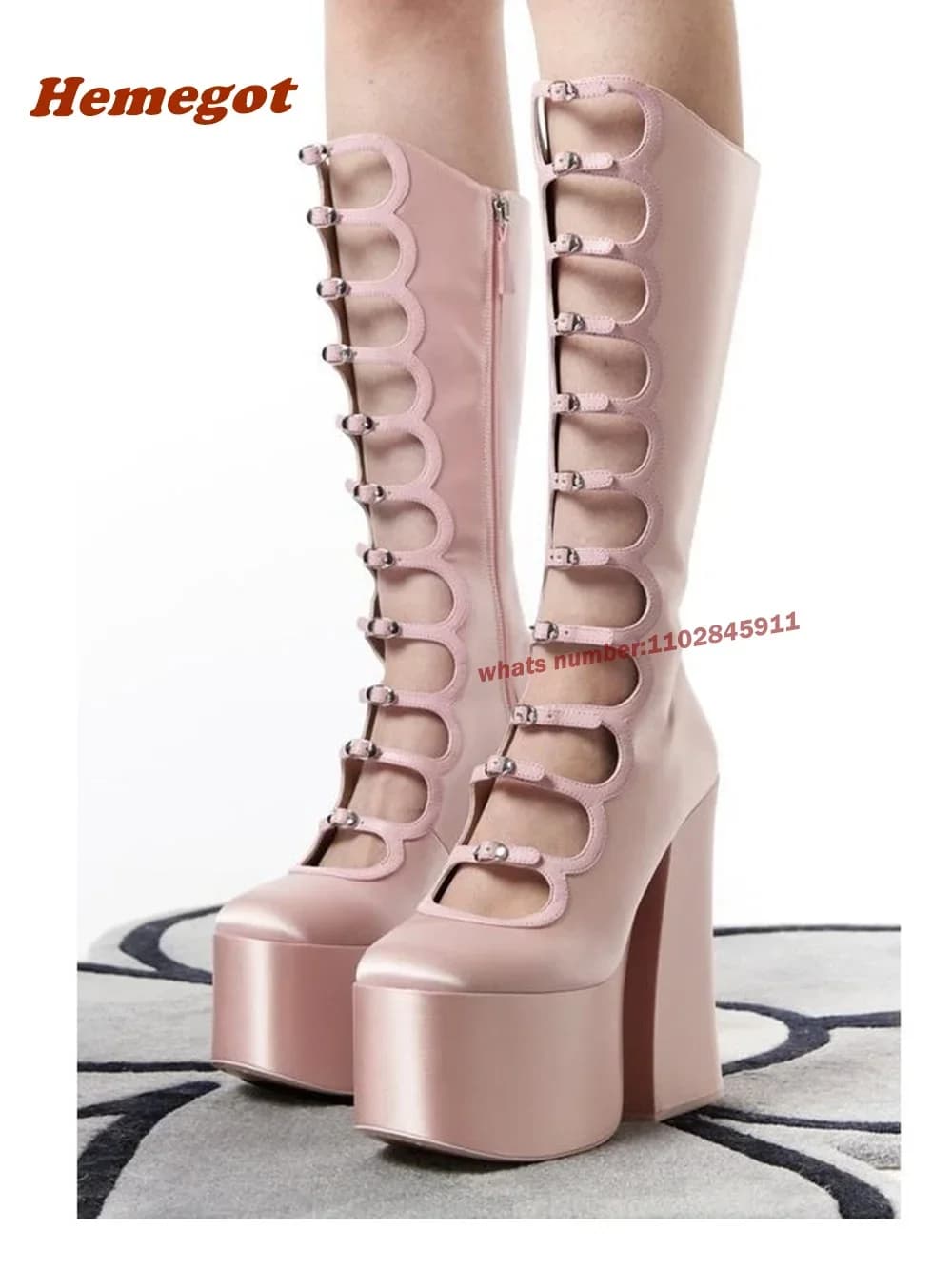 Pink Thick Sole Hollow Calf Boots Side Zipper Square Heels Dance Shoes Round Toe Suuper Heel Sexy Sandals Largr Size Platform