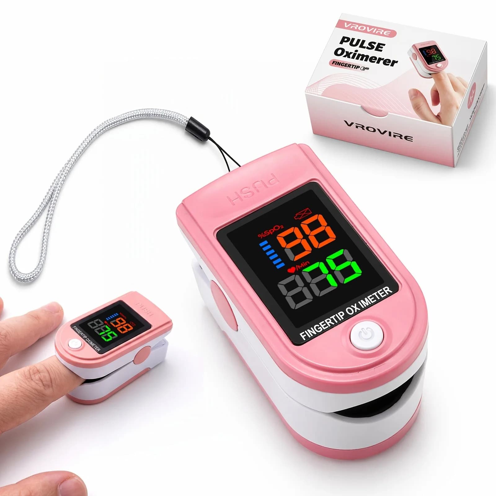 Pink Fingertip Pulse Oximeter Blood Oxygen Monitor Measure Heart Rate Breathing Rate SpO2 LED Display for Family Work Travel