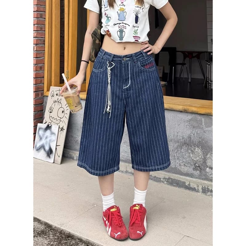 Retro American Striped Embroidery Jeans Women's Loose Straight Short Pants Summer Design Casual High Waist Wide Leg Jeans