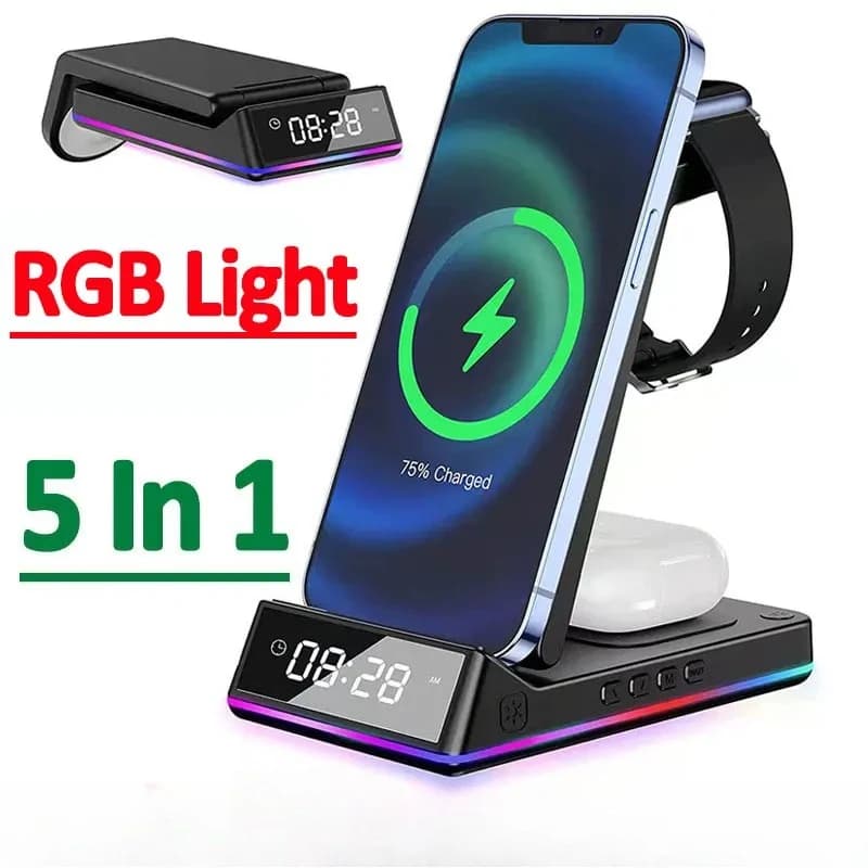 5 In 1 Foldable Wireless Charger Stand RGB Dock LED Clock Fast Charging Station for iPhone 17 16 Apple Watch 2-8 SE Airpods pro