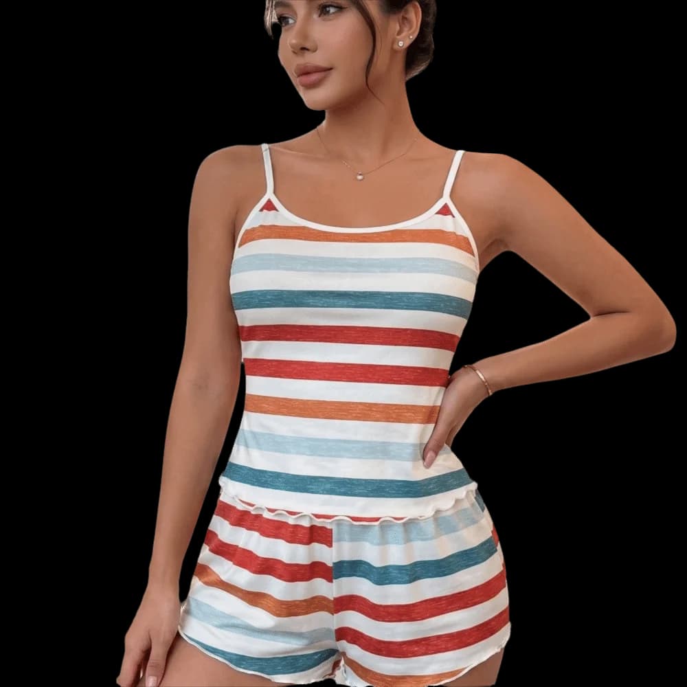 Retro Style Colorful Striped Sleepwear Set Ruffle Sleeveless Women's Pajamas Set Comfortable Shorts Camisole Set Summer Wear