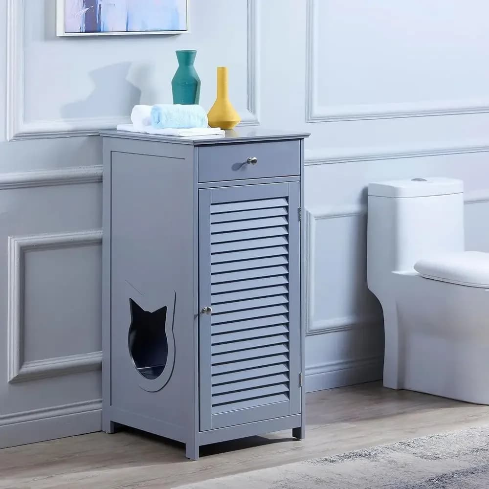 Cat Walk Furniture: Recinto per lettiera per gatti moderno per la casa - Contenitore portaoggetti, ripiano interno e porta a battente - Grigio