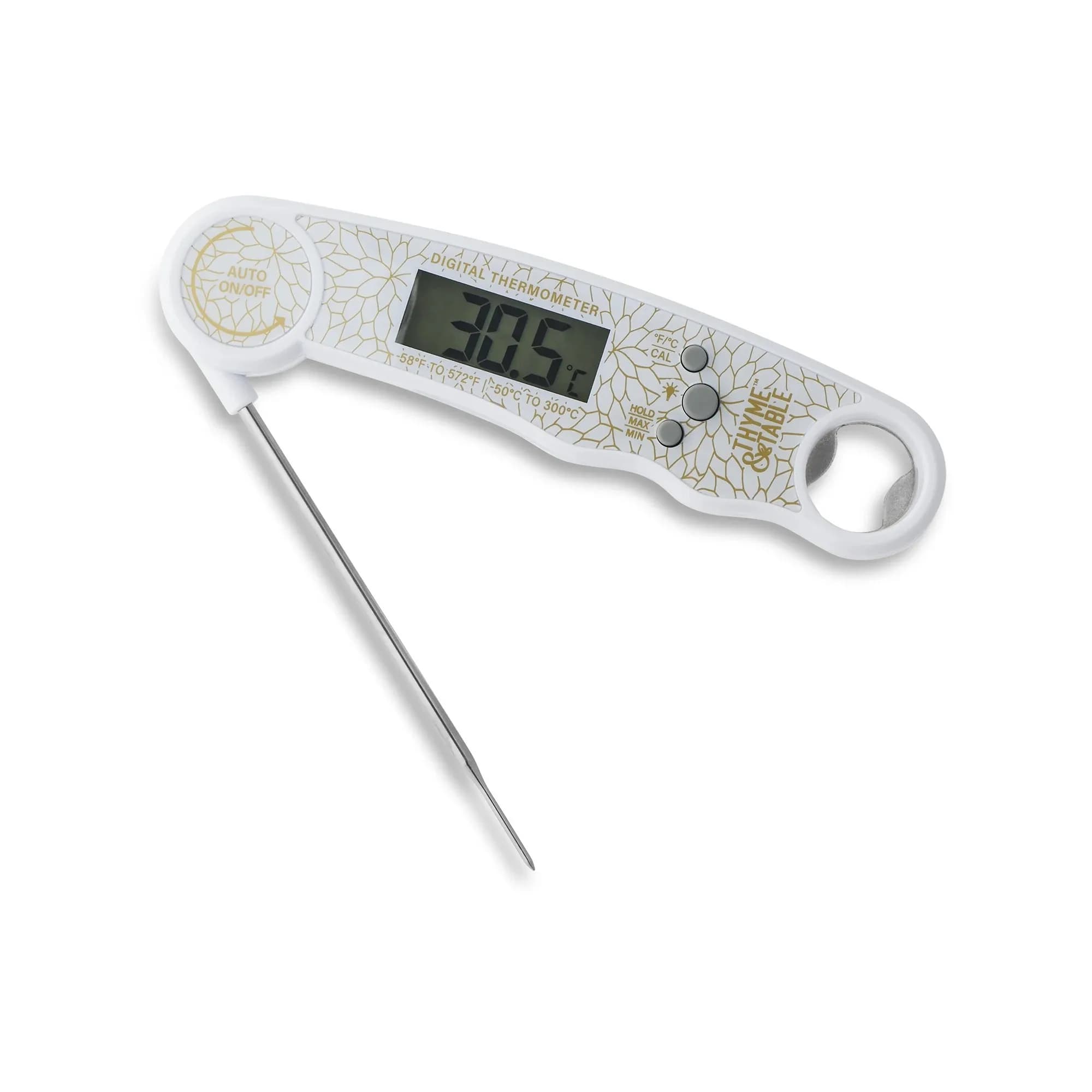Foldable digital thermometer for meat with stainless steel probe, water resistant