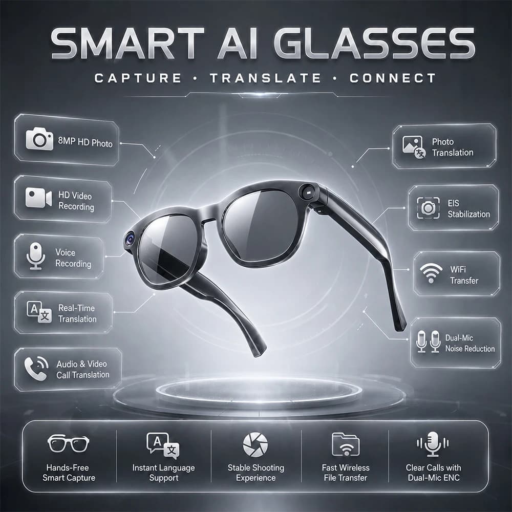 2026 New Smart AI Glasses 8MP HD Camera Video Recording Real Time Translation Wireless Call Music Bluetooth Sunglasses Men Women