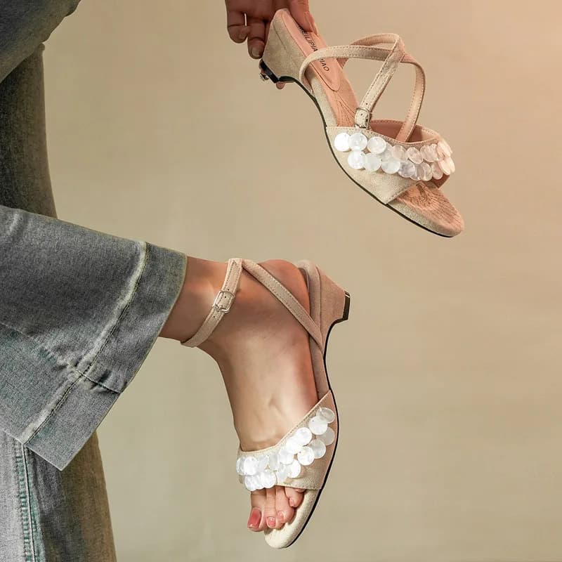 Aneikeh Summer Block Heel Sandals Fashion Women Vintage Brown Suede Wooden Chip Fringe Open Toe Ankle Strap Sandalias Mujer