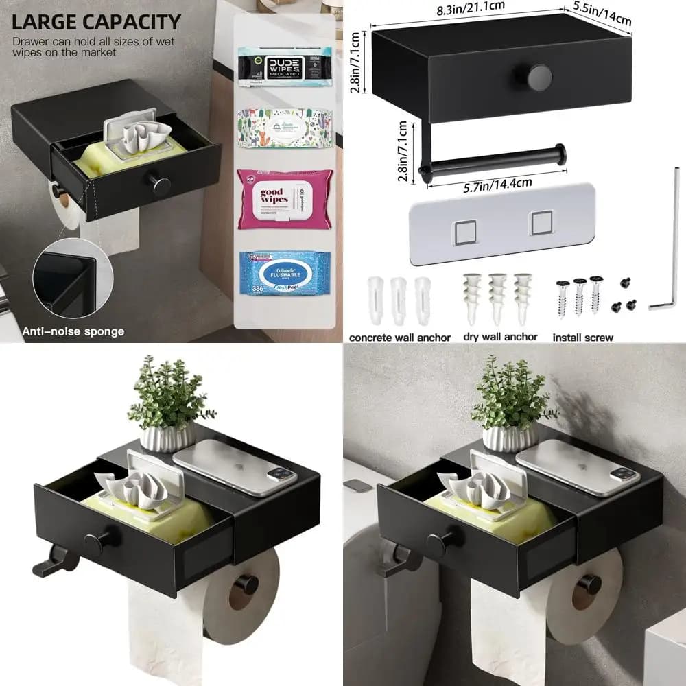 Porta carta igienica nero a parete con ripiano e dispenser di salviette per riporre piccoli oggetti in bagno