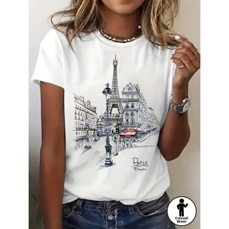 Paris France Eiffel Tower Sketch Graphic T-Shirt Women’s Casual Short Sleeve Tee French Cityscape Print Soft Crew Neck Top