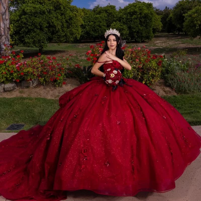 Abiti Quinceanera rossi lucidi Abito da ballo con spalle scoperte Applique Fiore che borda Fiocco di cristallo Festa di compleanno Abito dolce 16 Vesti