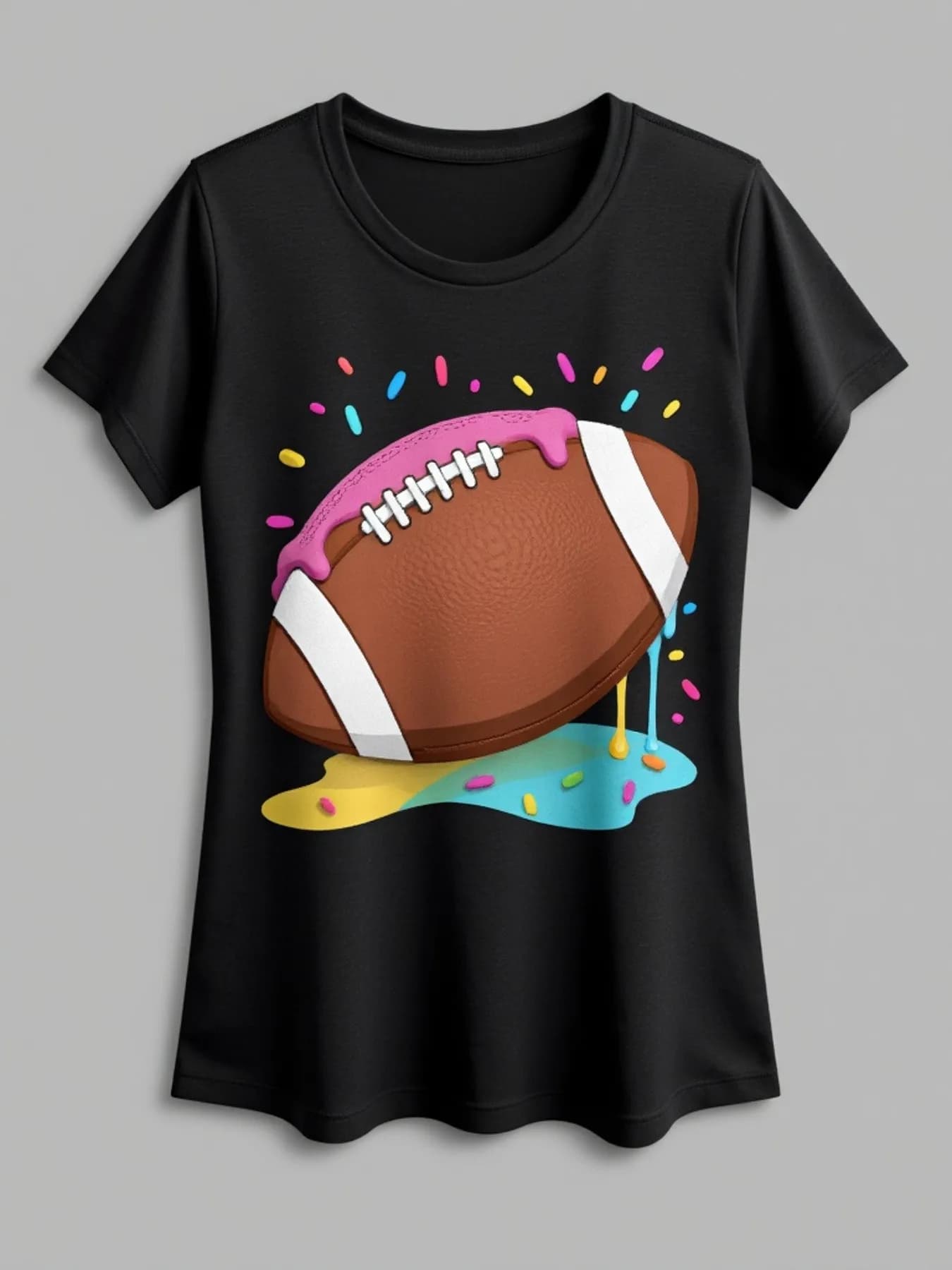 T-shirt nera da uomo con disegno di calcio e ciambella, design di calcio e ciambella di zucchero con lacci e glassa rosa, maglietta casual da tifoso a maniche corte, lavabile in lavatrice, top stampato a trasferimento di calore