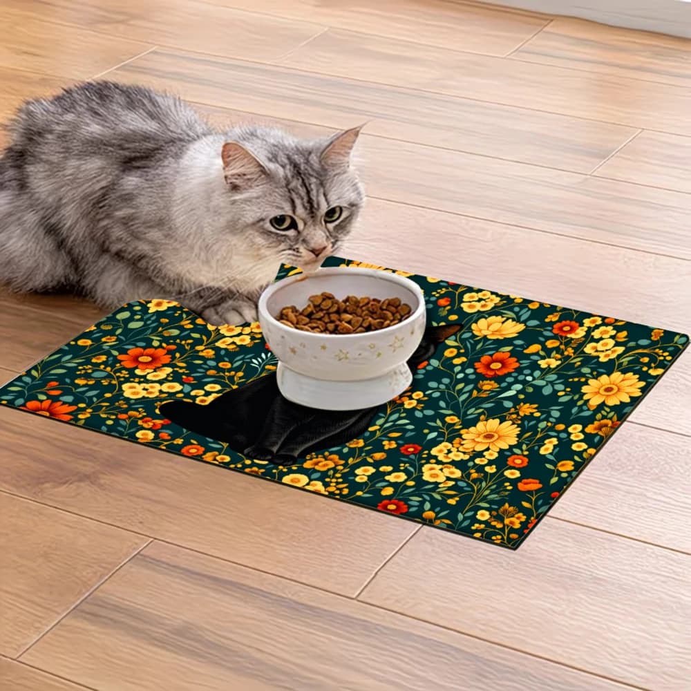Tappetino per l'alimentazione degli animali domestici antiscivolo con motivo floreale e gatto nero, articoli per animali domestici, tappetini antispruzzo e antiscivolo per cani e gatti