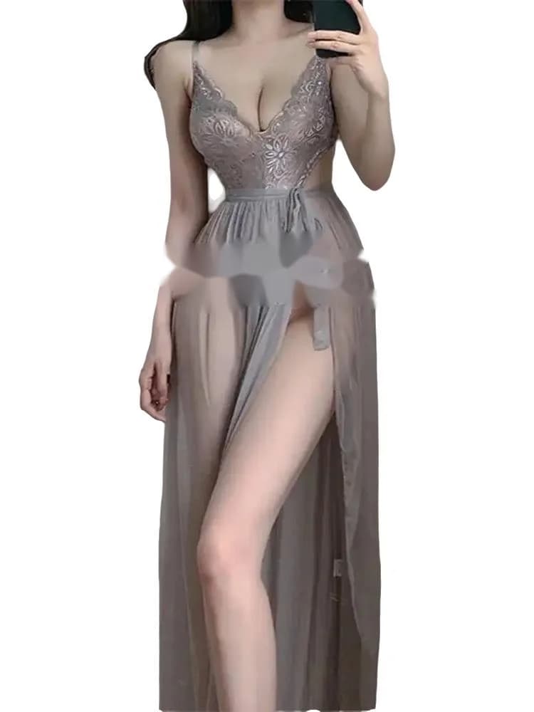 2023 New Exotic Super Sexy US Women V Neck Lace Transparent Mesh Strap Backless Maxi Dress Long Robe Korean Girl SWeet Japan 5A