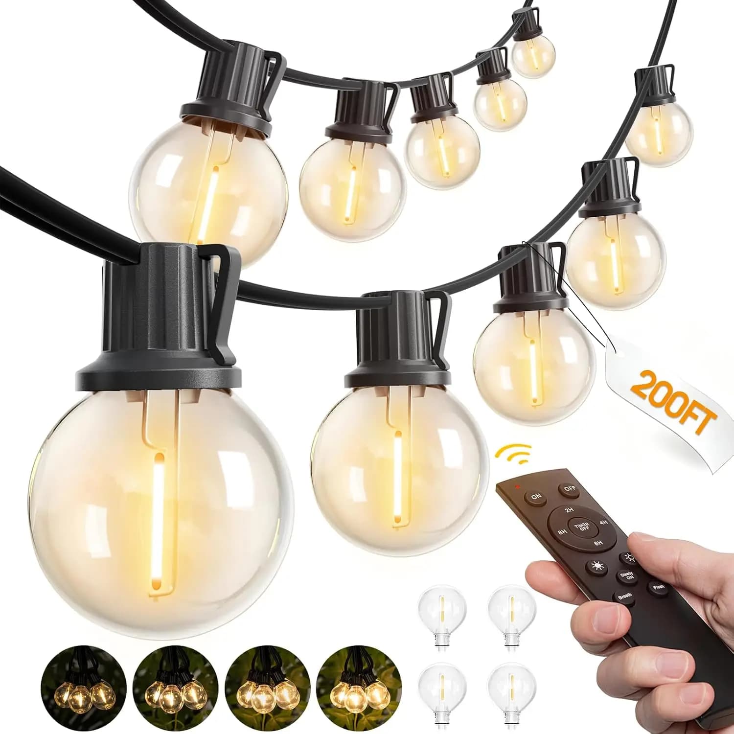 Luci a stringa da esterno da 60 m con telecomando, luci a globo LED dimmerabili e impermeabili per cortile, giardino, terrazza, balcone