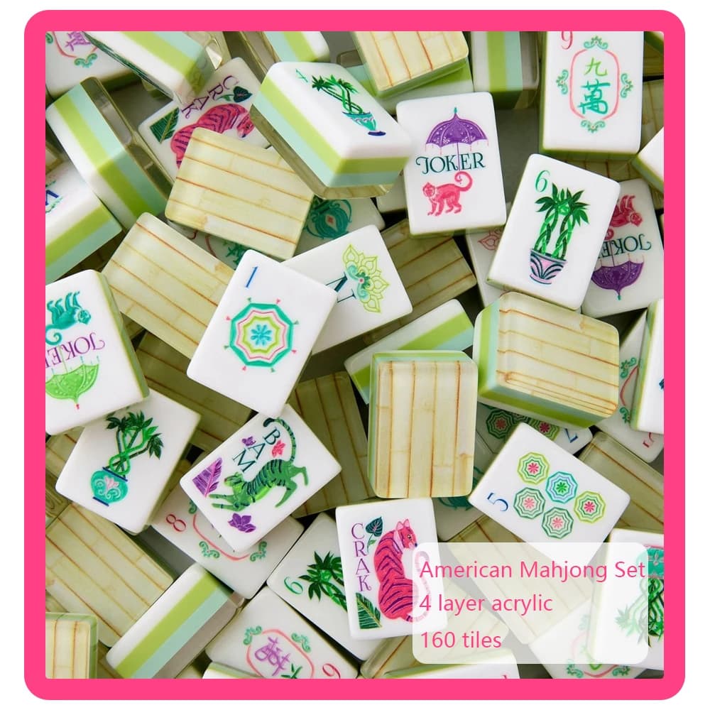 160 Tiles Bamboo Grain American Mahjong Set Acrylic Luxury Portable MahJong for Family Party Entertainment Surprise Gifts