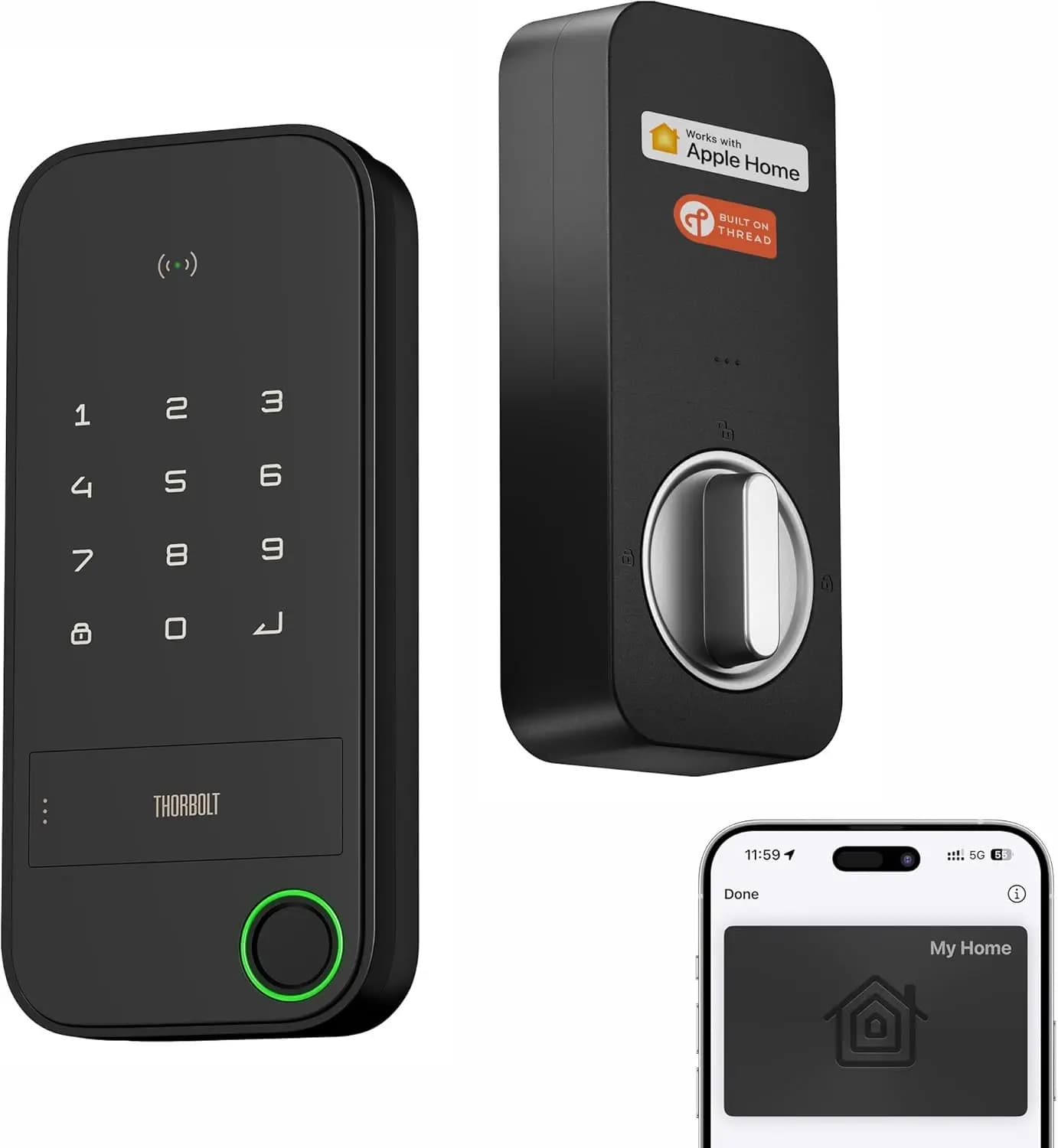 Serratura intelligente senza chiave con Apple HomeKit, impronta digitale, tastiera, supporto filettatura, IP65 resistente alle intemperie in nero