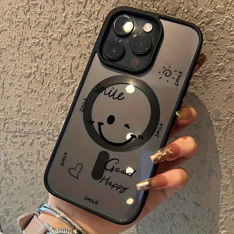 Per iPhone 17 16 15 14 13 12 11 Pro Xs Max Plus Air Mini XR X 17e 16e Cover Anti-Caduta con Smiley Face Inglese e Supporto MagSafe