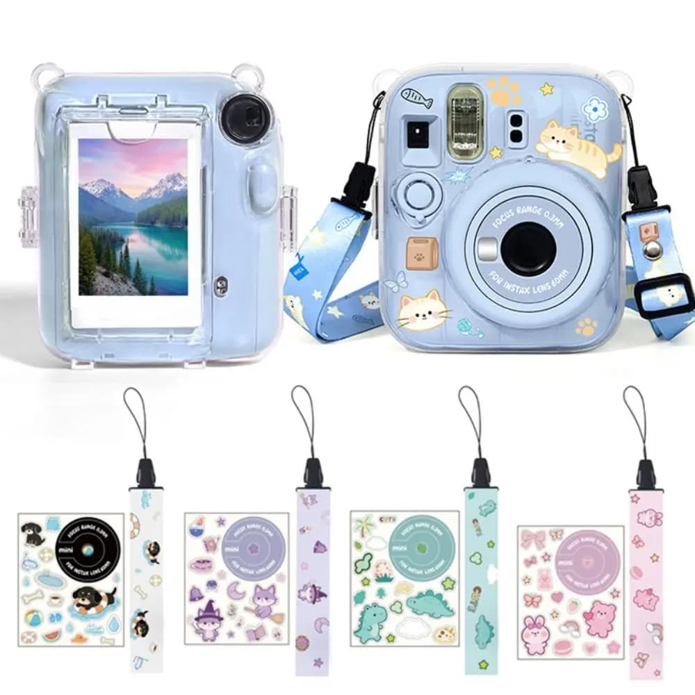 Custodia 3 in 1 per Fotocamera Istantanea con Adesivi Cartoon, Cover Protettiva Antigraffio in Cristallo Resistente all'Usura per Fujifilm Instax Mini 13