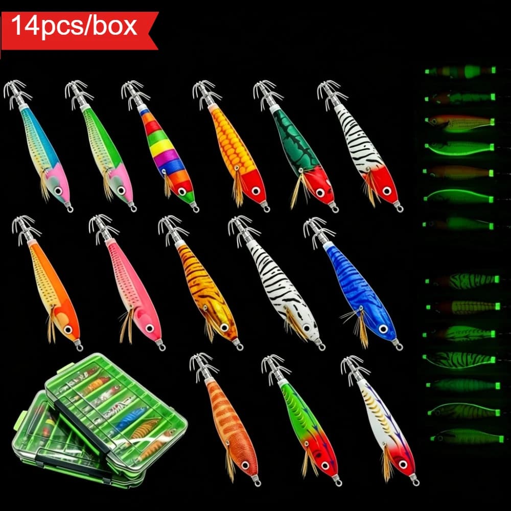 14pcs/box Octopus Shrimp Baits UV Shrimp Lure Saltwater Cuttlefish Tackle Horizontal Egi 10cm Glow Horizontal Squid Jig Large
