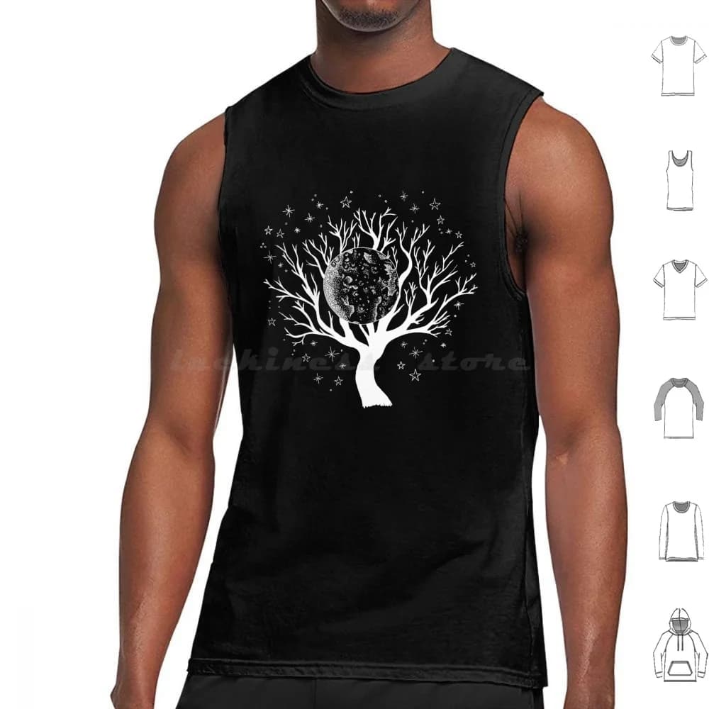 Paesaggio notturno Albero della vita-Canottiere con stampa bianca Gilet senza maniche Albero Albero della vita Stelle notturne Cielo notturno Paesaggio notturno Nero