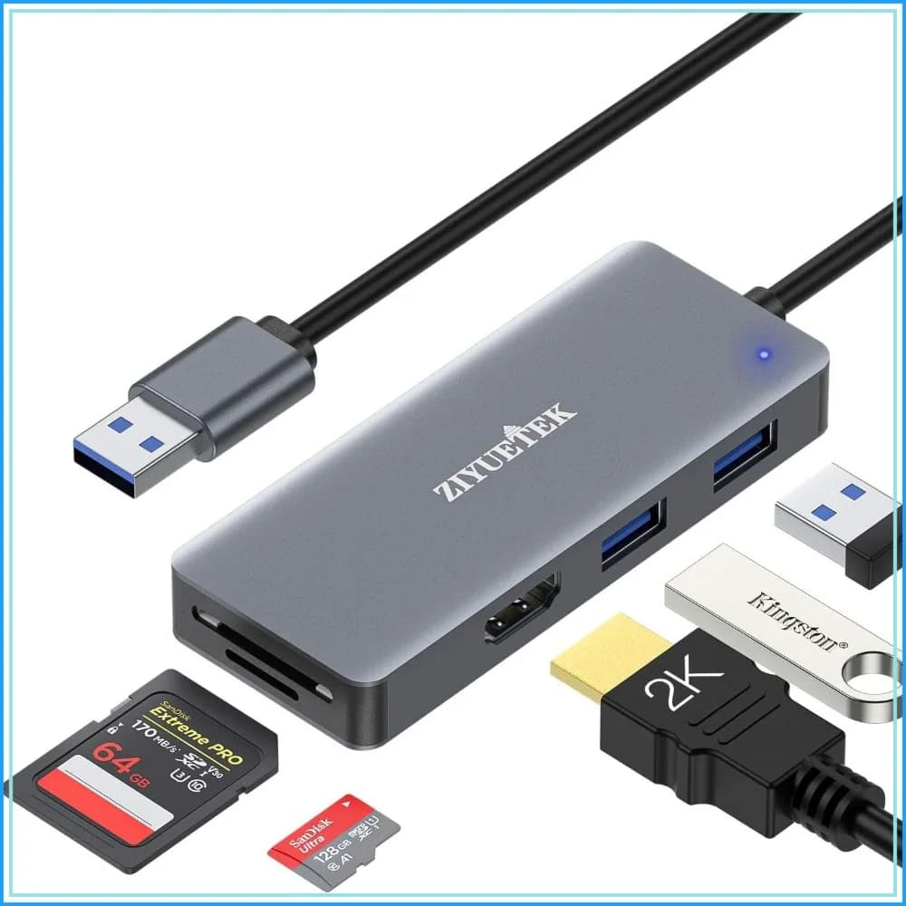 5-in-1 USB to HDMI Adapter, USB 3.0 Hub with 1080p Extended Monitor, 2 USB Ports, SD/Micro SD Card Reader, for PC Laptop Desktop, Windows 7/8/10/11