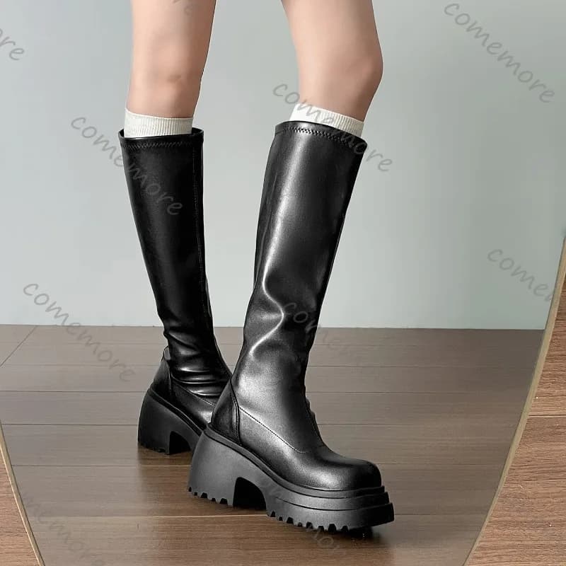Comemore Nero Retro Tacco Grosso Platform Boots To Women's Eye New Autumn Winter Leather Heel High Heel Long Knight Botas