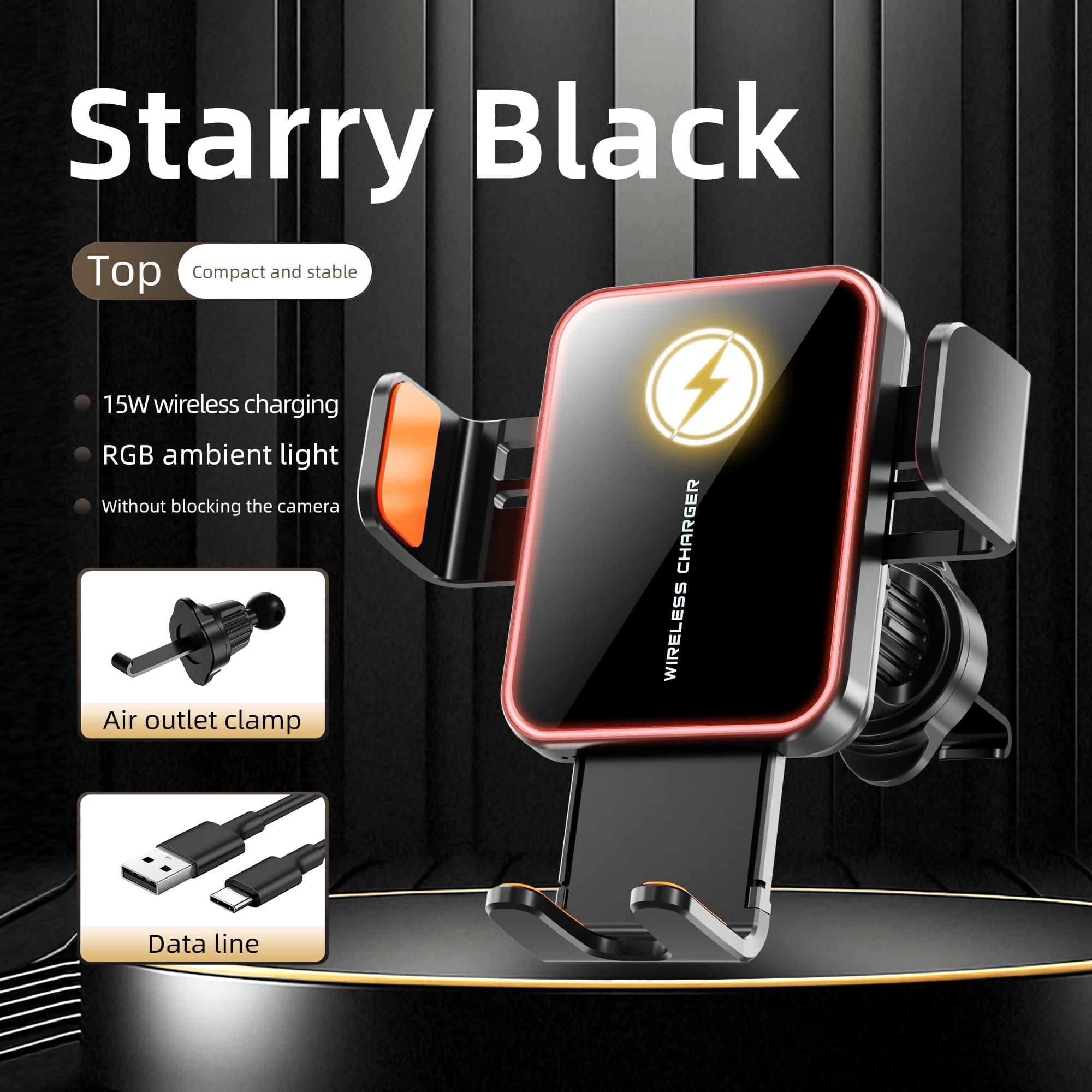 Dual power wireless car charger with automatic clip and bracket to release the light effect of the water environment