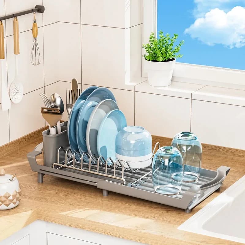 Organizer for expandable dishes 2 in 1 to dry the dishes, adjustable shelf with knife holders and forks Solution to store the kitchen