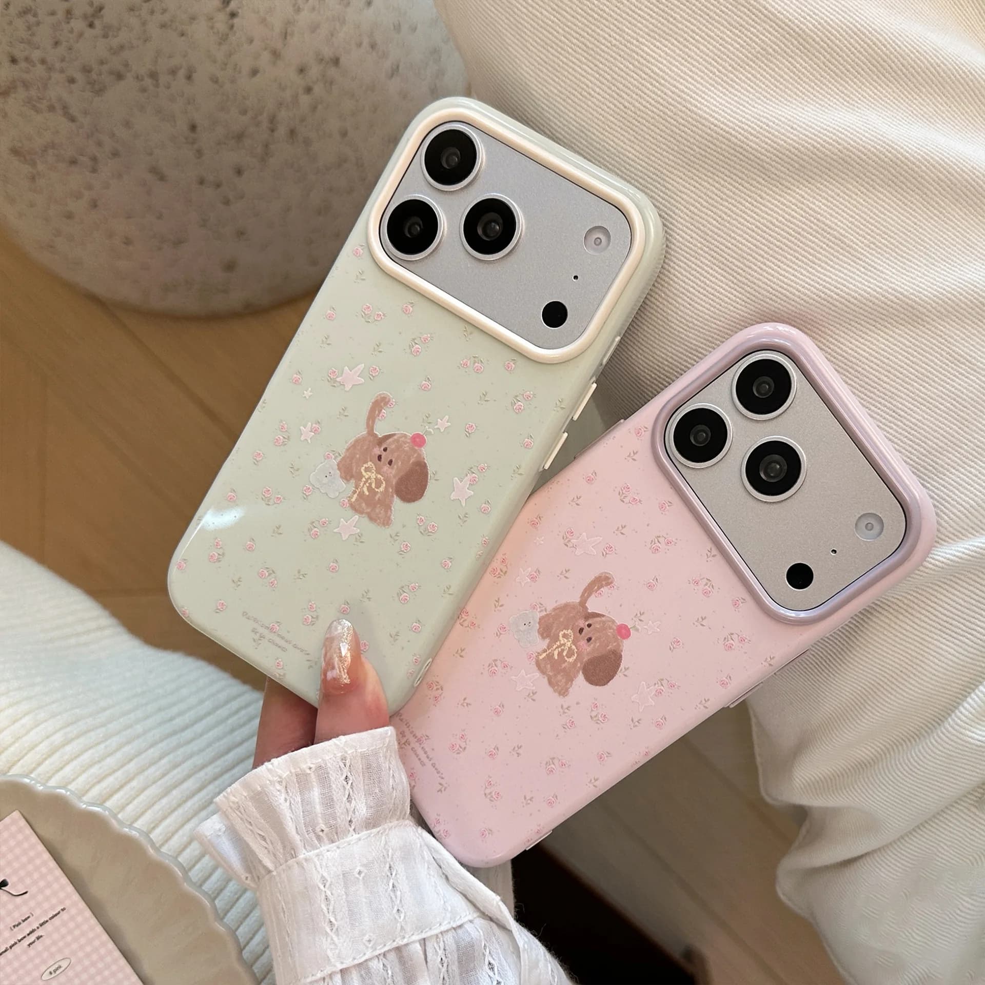 Korean Full Screen Flower Cartoon Puppy Pattern Phone Case for iPhone 17 16 15 14 13 12 Pro Max Shockproof Protective Soft Cover