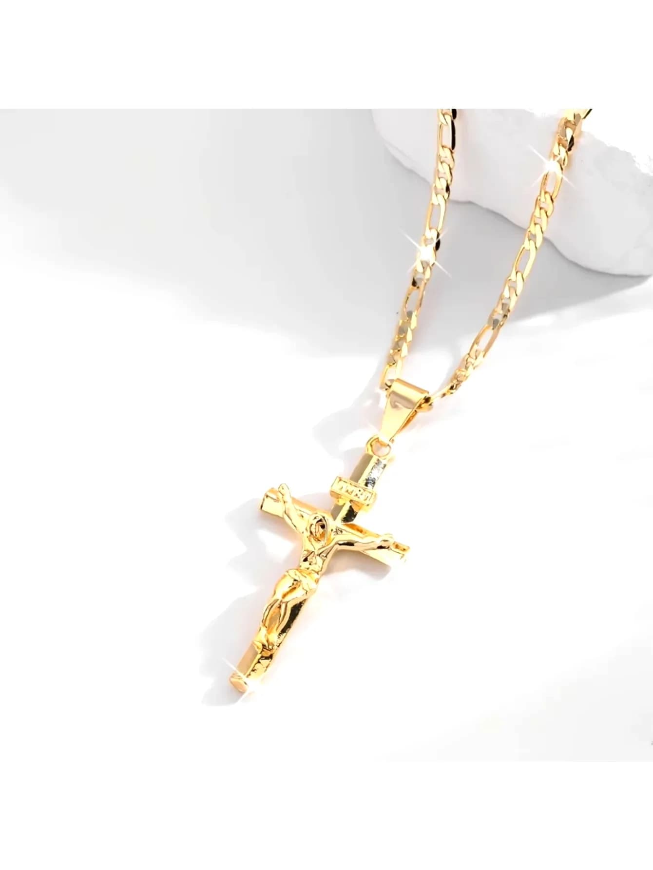 Stylish Exquisite Jesus Cross Pendant Necklace Plated 14k Gold Smooth Glamour Jewelry, Holiday Blessings Prayer