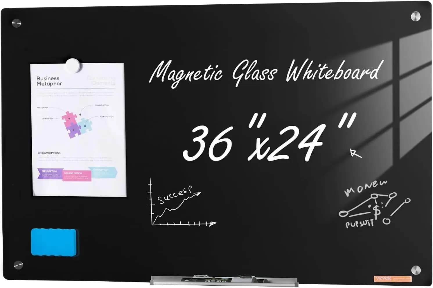 Lavagna magnetica in vetro da 36x24 pollici, lavagna cancellabile a secco montata a parete con vassoio segnaletico e accessori