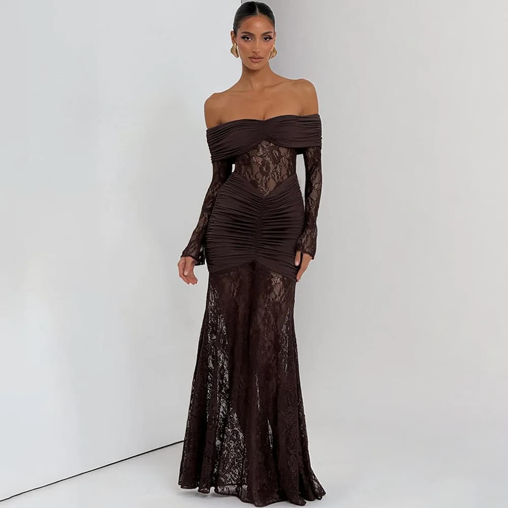 Dresses Sexy Long Straps With Straps Discoveries and Sleeves Long, Women's Dress in Transparent Lace with Straps and Back Discovery for Party and Club