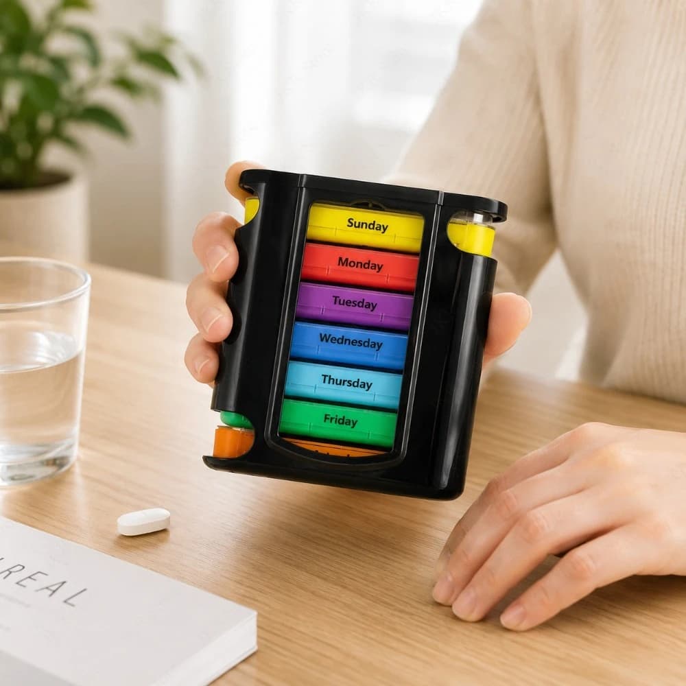 Portable Weekly Medicine Box 7 Day Tablet Holder Storage Organizer Case for Pill Planning Vitamins Supplements Travel Carrying