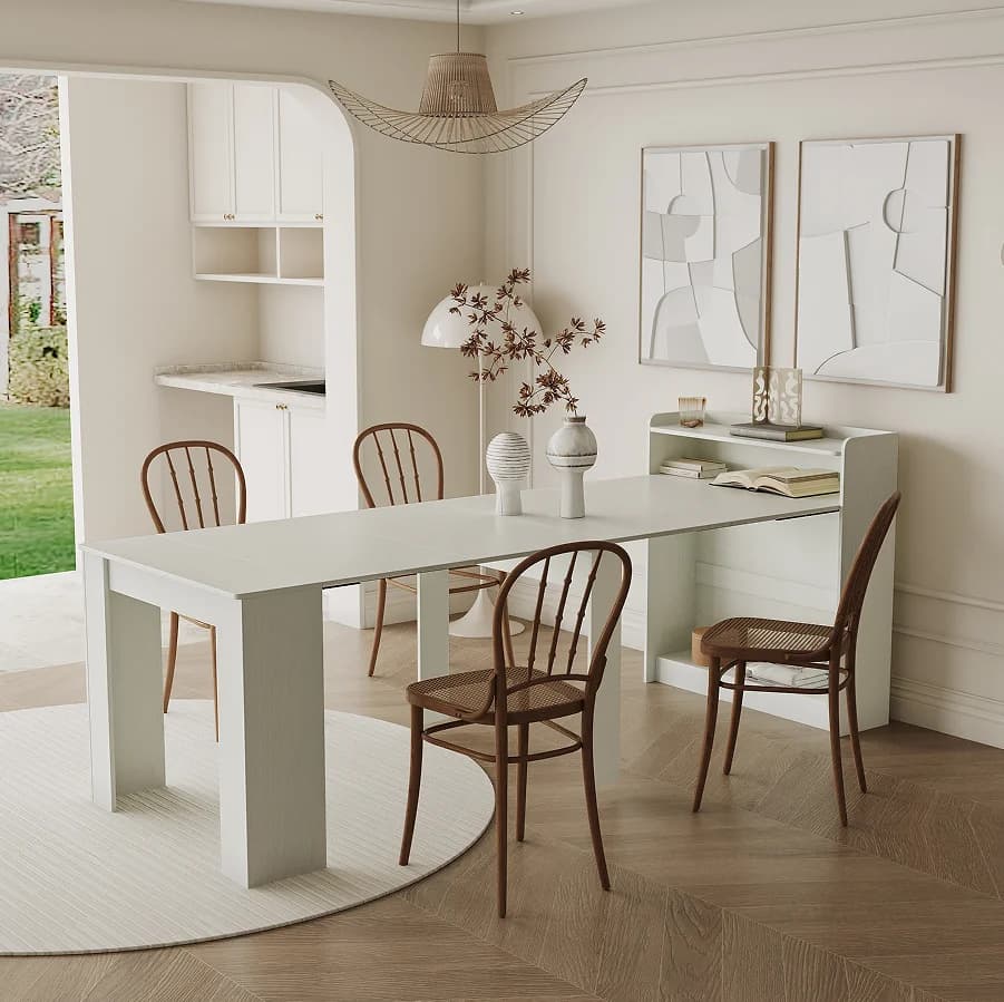 Tavolo da Pranzo Allungabile Moderno di Lusso con Vano Portaoggetti, Piano in Marmo, Gambe in Legno Massello, Struttura Durevole in MDF per Appartamenti