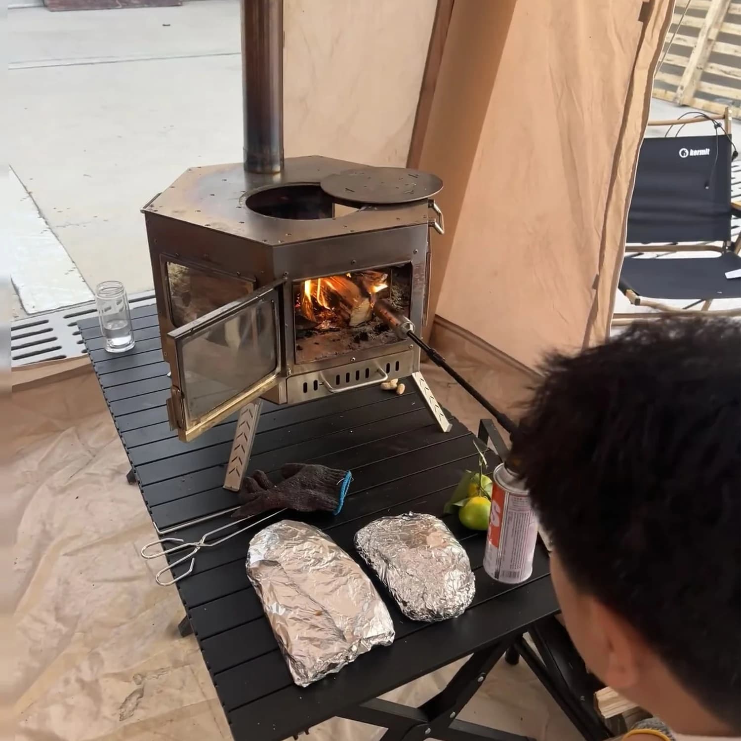 Stufa a Legna Portatile in Acciaio Inox per Campeggio, Riscaldamento Esterno, Illuminazione per Picnic e Tende