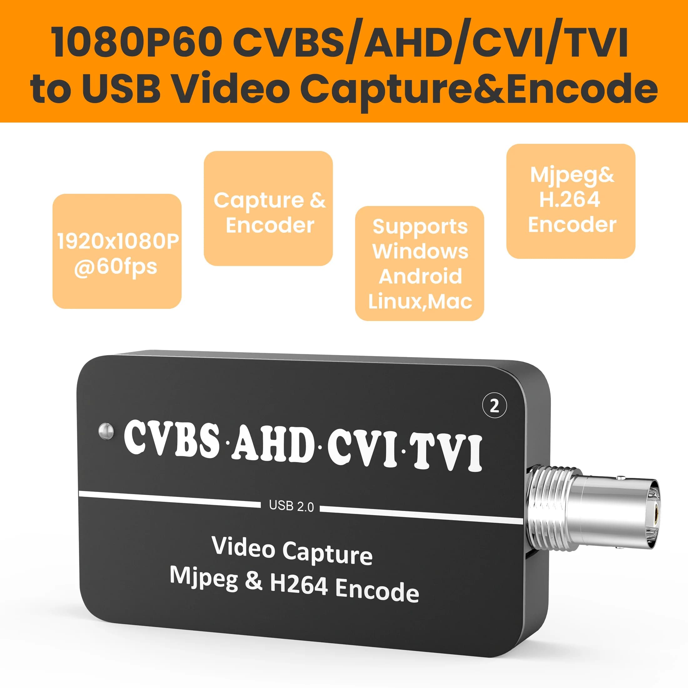 1080 p60 CVBS a USB Capture Card H.264 e MJPEG two Streamer Encoder AHD CVI TVI a USB UVC CVBS2UVC acquisizione Video analogica