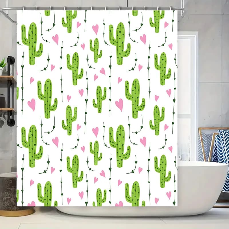 Tenda da doccia con cactus verde Cuori rosa Decorazioni per la casa Fodera da bagno per camera dei bambini Stampa in tessuto impermeabile Installazione semplice (Bianco