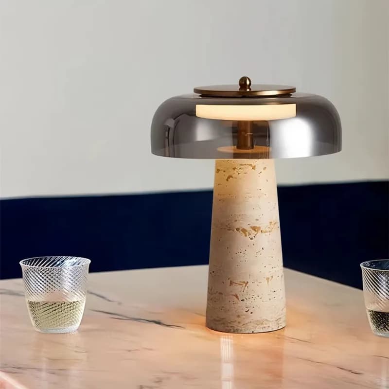 Lampada da Tavolo in Travertino Wabi-sabi 3000K Dimmerabile per Soggiorno, Studio, Comodino, Lampada da Tavolo Giapponese in Vetro e Metallo a Forma di Fungo