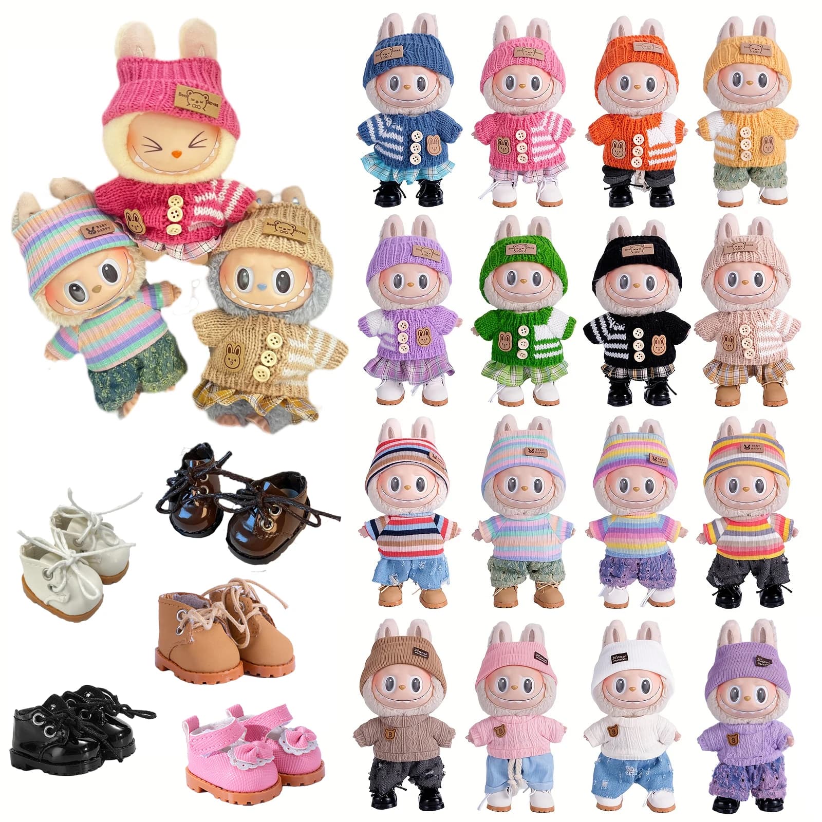 Set di accessori per abbigliamento labubu da 6,7 pollici Cappello + vestiti + (pantaloni o gonna) Vestiti per bambole adatti per scarpe per bambole di peluche alla moda