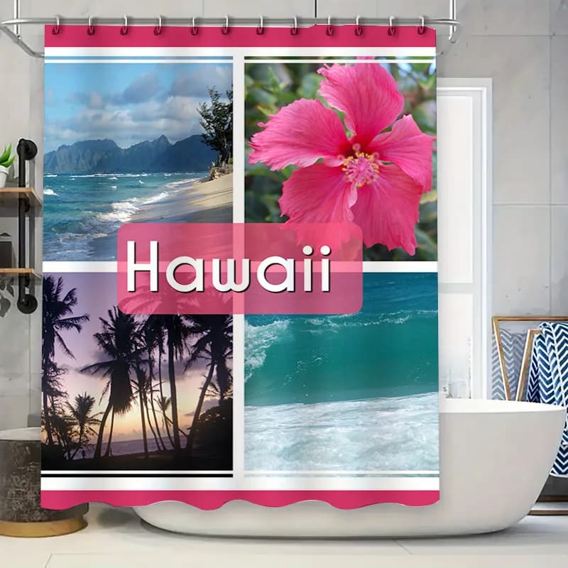 Set di tende da doccia Summer Breezy Pink Hibiscus per la decorazione del bagno Hawaii Beach View con palme Blu Mare Bianco Sabbia 72x78''