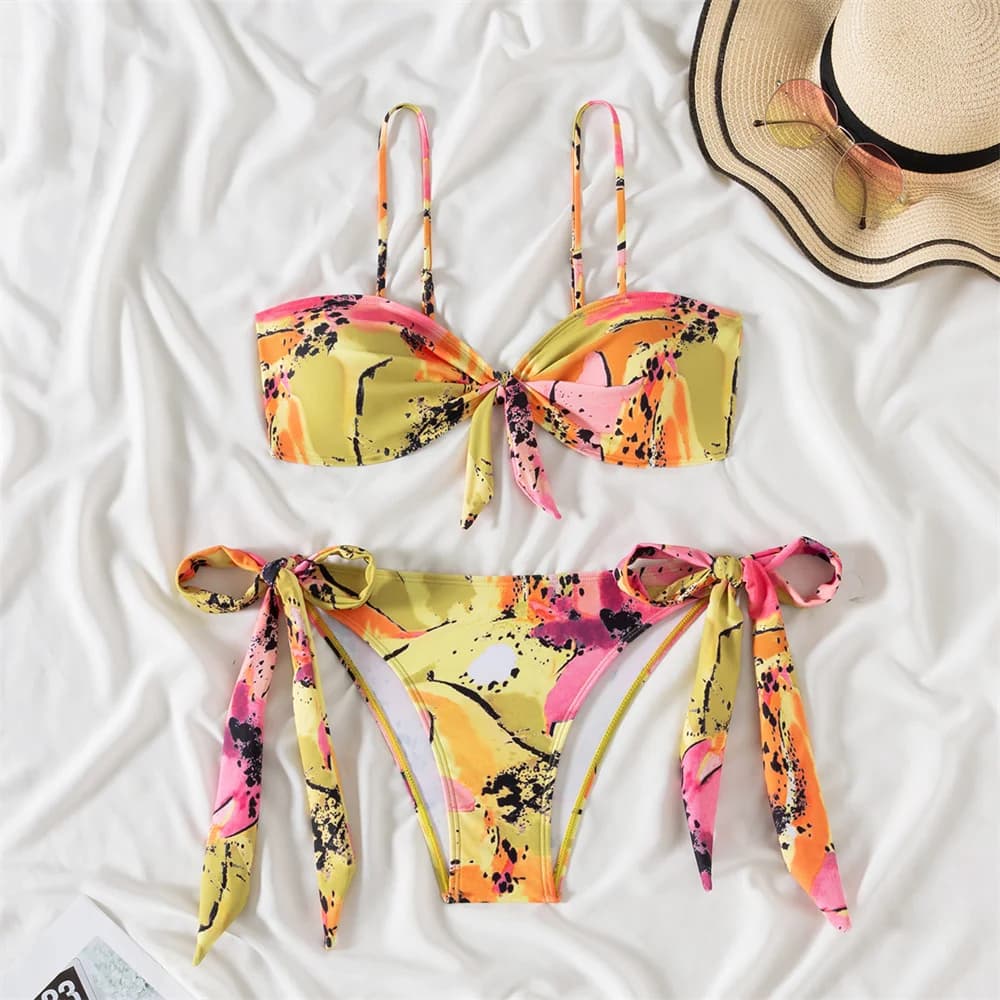 Costume da bagno sexy con fasciatura floreale Bikini da donna Micro Tanga Push Up Costumi da bagno per le vacanze Costume da bagno da spiaggia Bikini De Mujer