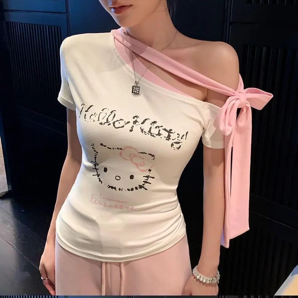 Hello Kitty Women's Summer Pajama Off-Shoulder Strap Detail Contrast Color Slim Fit Stretchy Short Sleeve Cute Casual Top