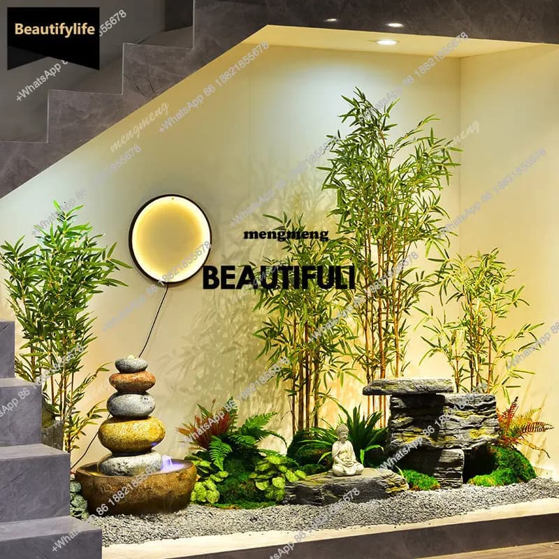 D80 circulating water landscape, rockery stone landscaping under the stairs, simulated bamboo potted plants, image wall layout