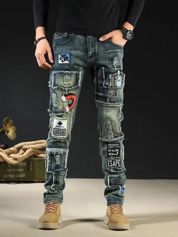2026 Spring New Style Men's Slim Fit Jeans Embroidered Patch Straight Leg Elastic Casual Long Trousers Youth Wear Denim Jeans