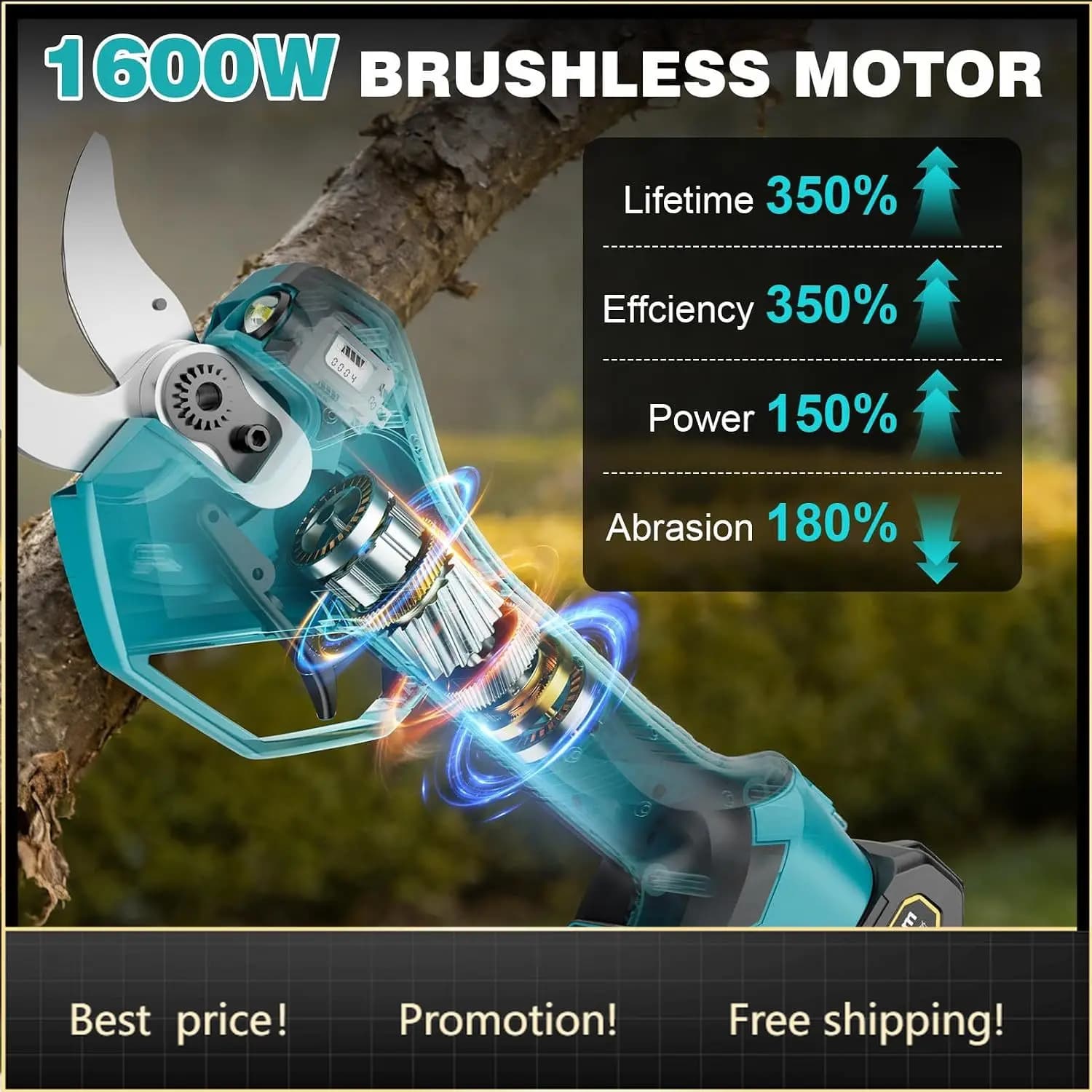 BestsellerElectric Pruning Shears Cordless- Max 3.2in Opening Diameter with LED Light | 1600W Brushless Heavy Duty Pruner with L