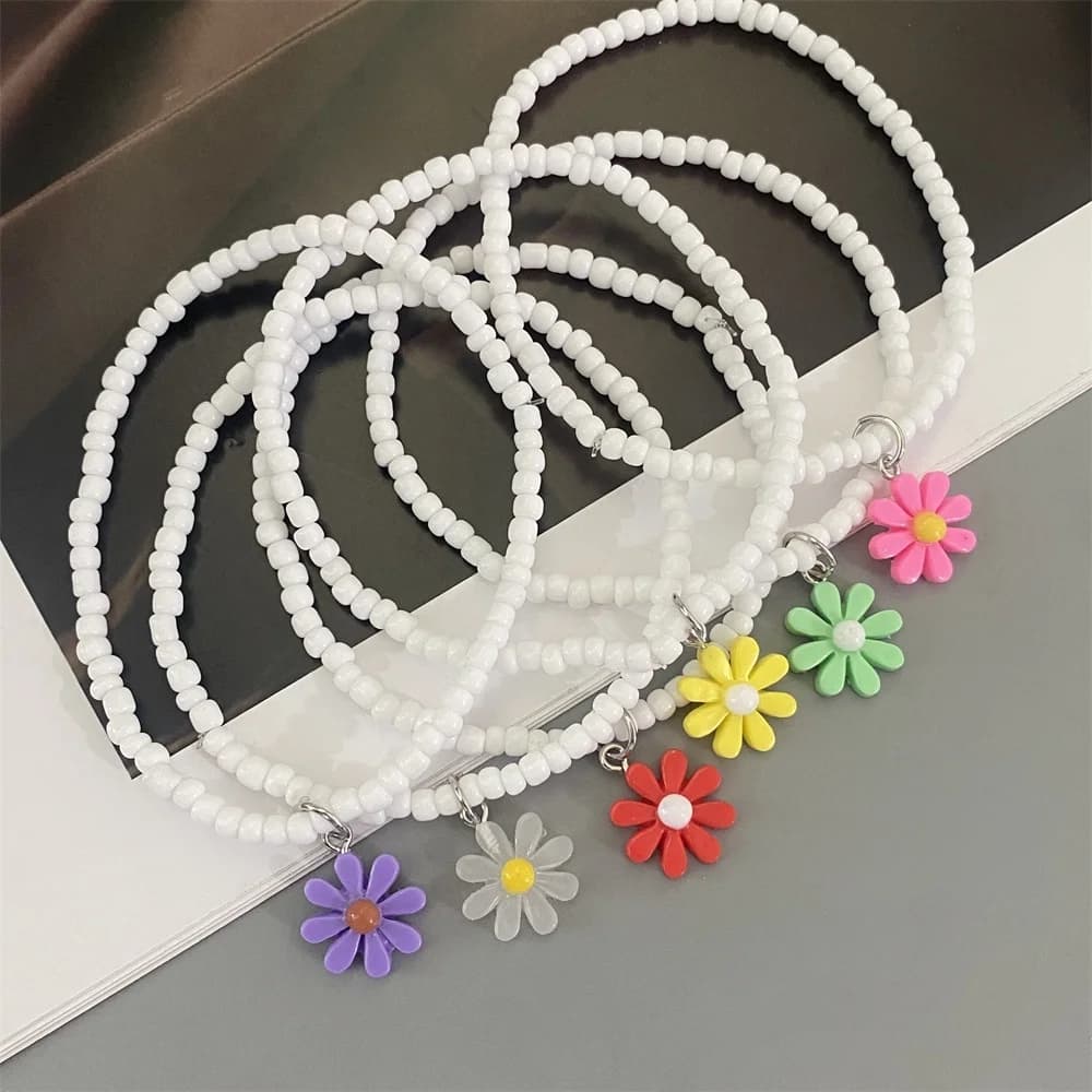 New Fresh Flower Anklet for Spring Summer Beach White Color Seed Beads Handmade Elastic Foot Bracelet Gift Jewelry
