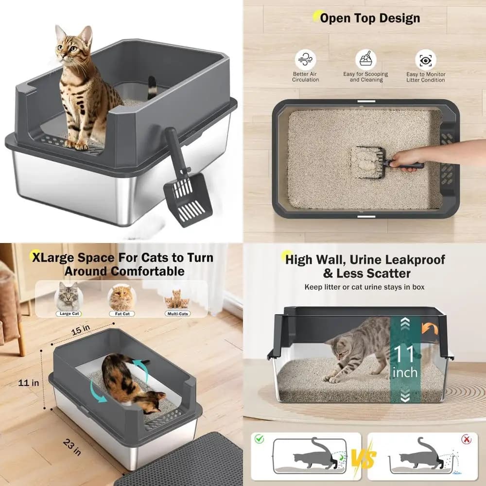 Lettiera per Gatti in Metallo Extra Large con Coperchio, Bordi Alti, Anti-Perdita, Facile da Pulire, Antiaderente, Paletta Inclusa