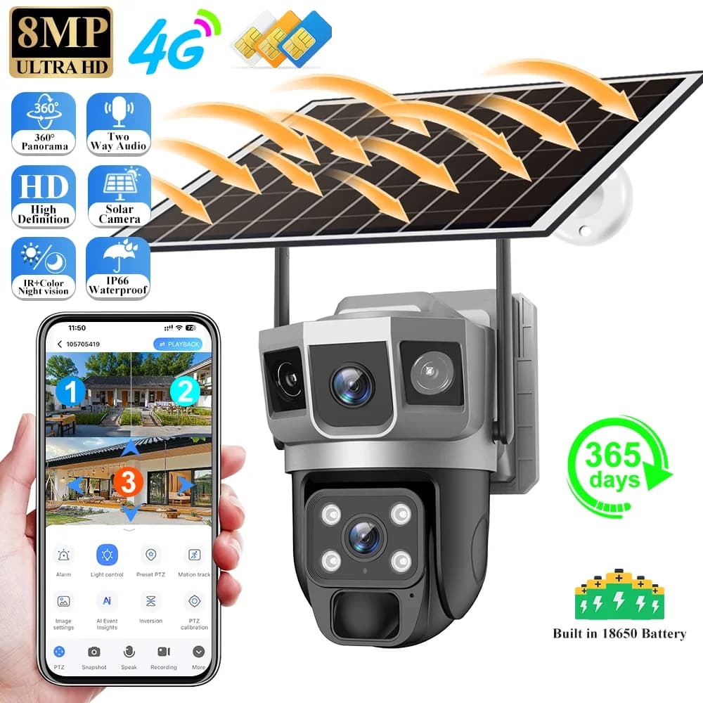 V380 Pro 4G Solar Outdoor Waterproof Camera 4K 8MP 10X Zoom Dual Len PTZ Battery Video Security System Surveillance CCTV IP Cam