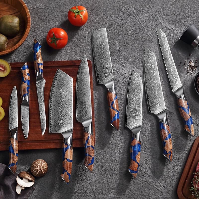 Coltelli da cucina TJ POP Set da 9 pezzi Coltello da chef professionale Acciaio di Damasco Resina blu Manico in legno stabilizzato Mannaia multiuso Coltelli Santoku